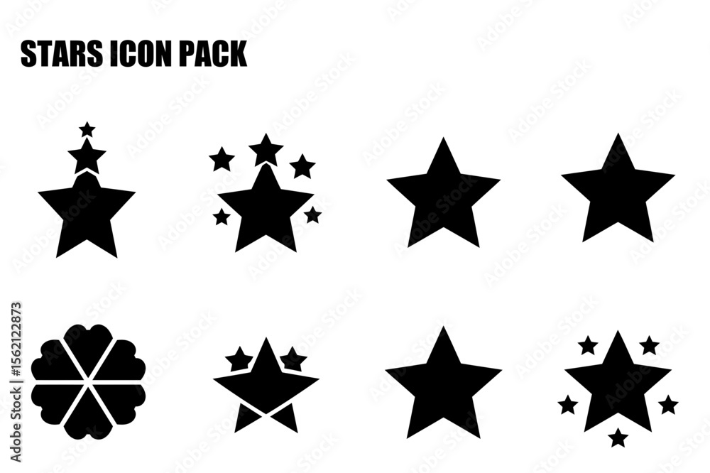 Poster collection of various star icons in simple black and white style. diverse star formations displayed 