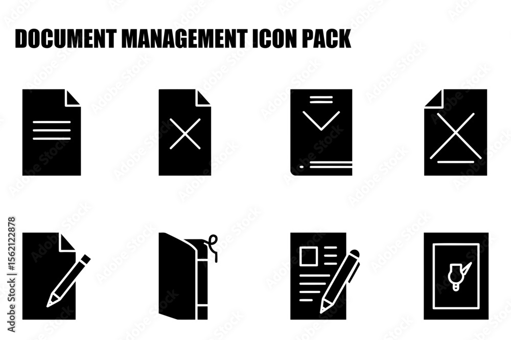Poster document management icons in black and white. simple icons for different types of documents, files, 