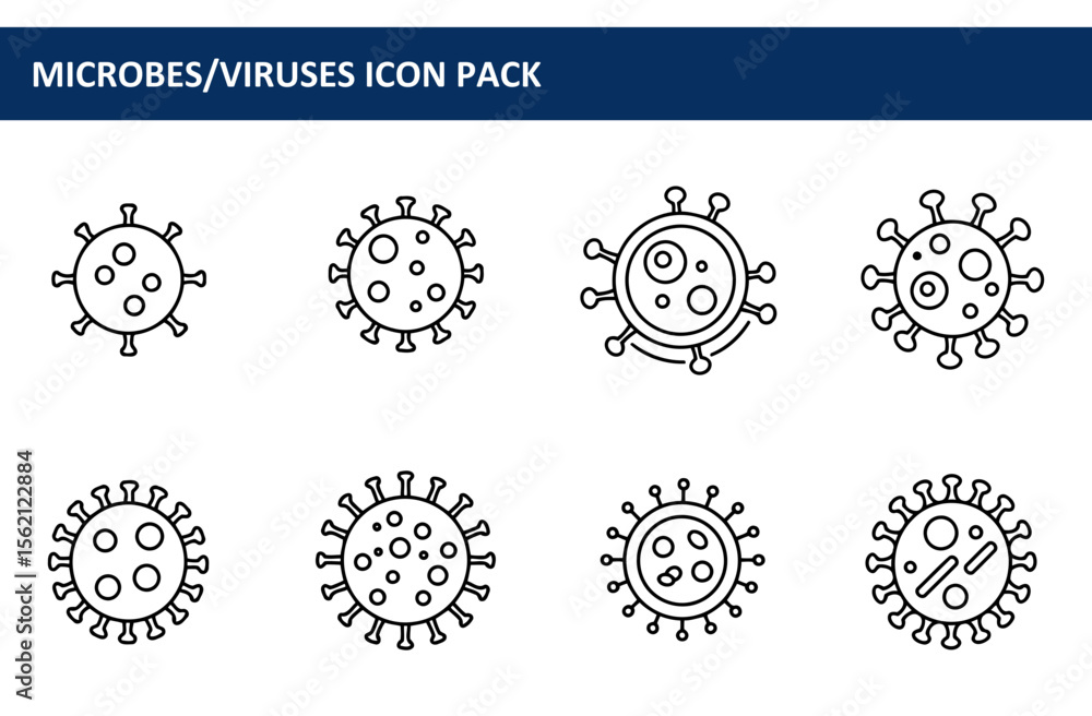 Poster microbe/virus icon set. various shapes and structures of microbes/viruses in a simple line art style