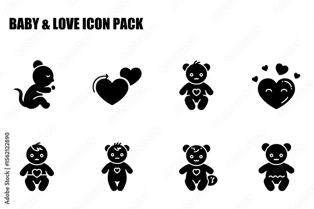 Poster baby love icon set featuring various images of babies and teddy bears in different poses. simple bla