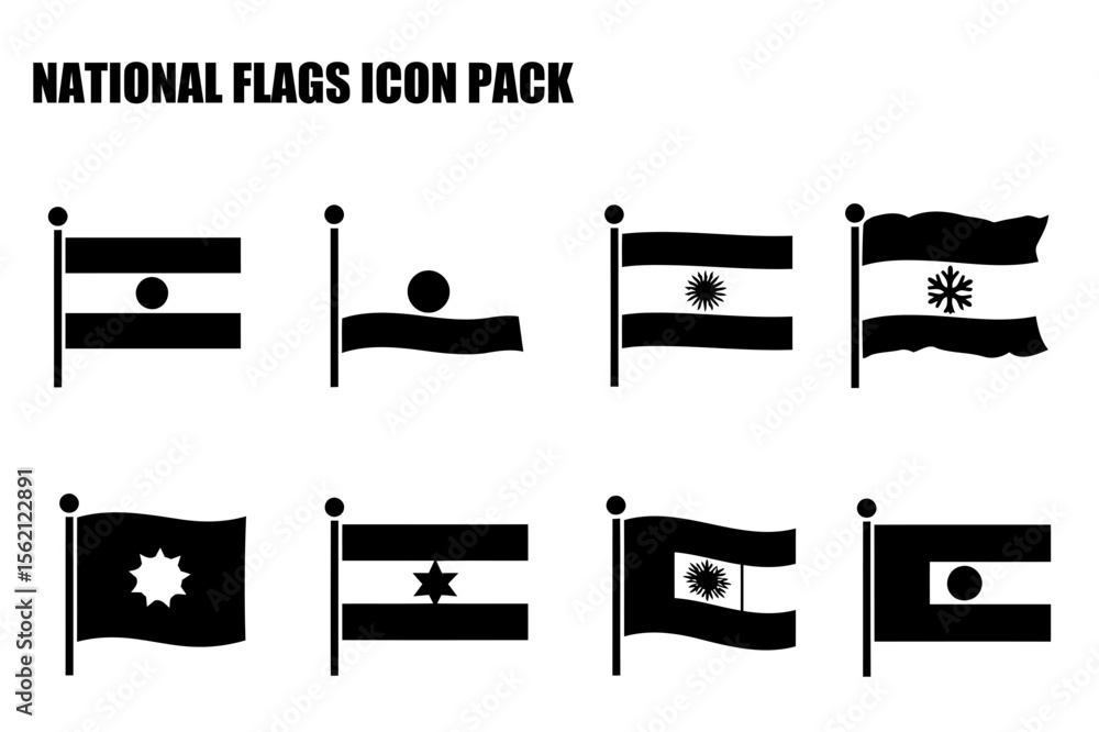 Poster national flags of different countries in a simple, black and white icon style. set of national flags