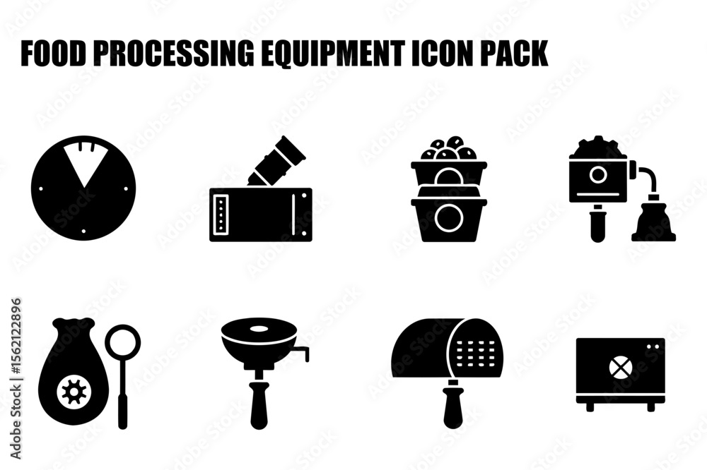 Poster food processing equipment icons for industrial use in a white background. collection of various equi