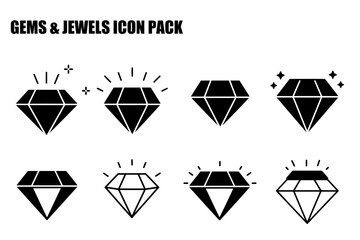 Diamond icon set in various styles with radiating light effects. Simple, outlined, and solid diamond illustrations for graphic design elements.