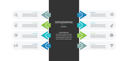Vertical infographic timeline 8 steps template. Timeline, Business presentation. Vector illustration.