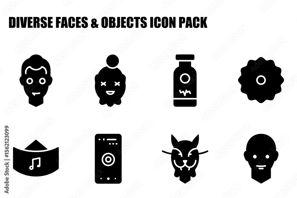 Poster diverse faces and objects icon pack.