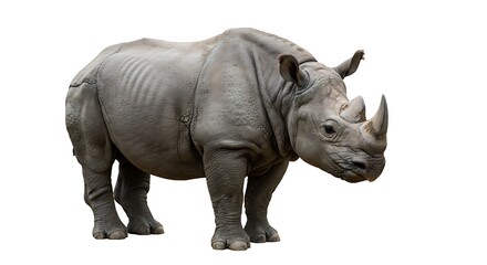 Obraz premium Studio Portrait of Rhinoceros Standing on White Background Highlighting Textured Skin and Prominent Horns