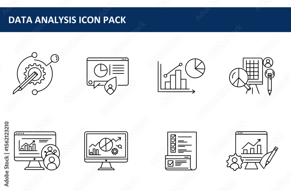 Poster data analysis icon pack showcasing various business analytics and reporting methods.
