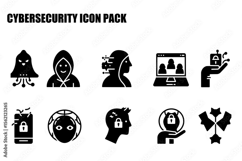 Poster cybersecurity icon pack showing various threats and security measures in a simple, modern style. a c