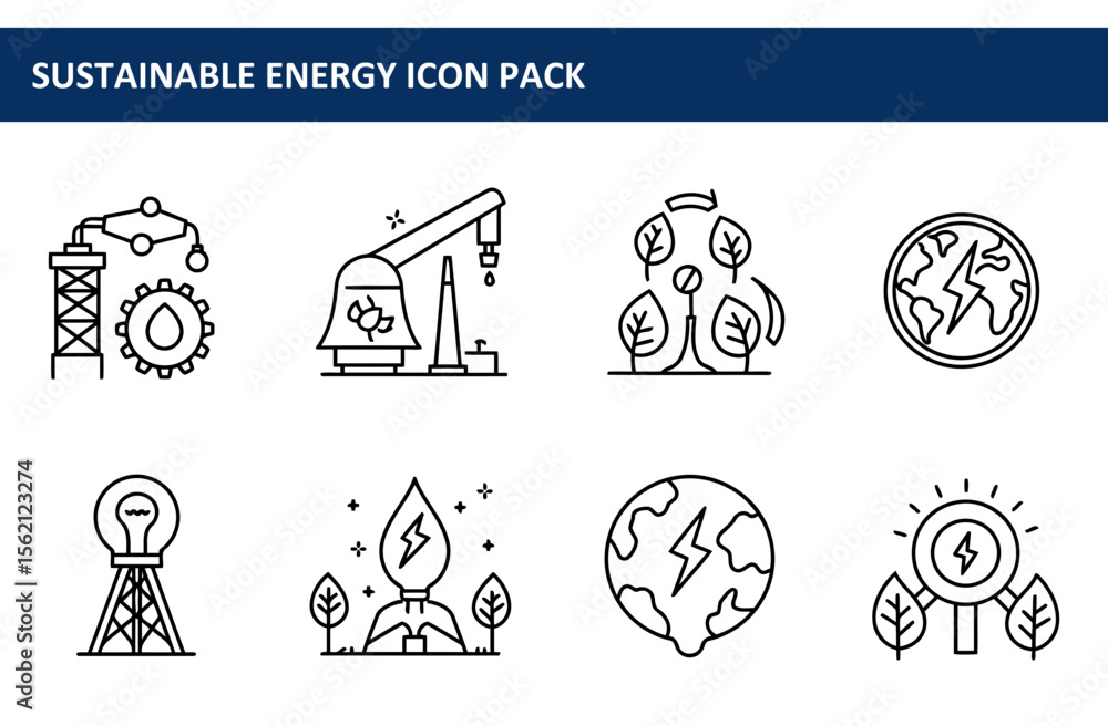 Poster sustainable energy icon pack depicting various energy sources and concepts. collection of simple lin