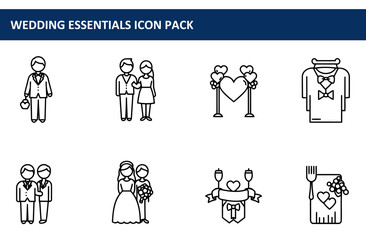 Wedding essentials icon pack showing couples in formal attire, wedding arches, and related items. Icons for various wedding elements in a minimalist line art style.