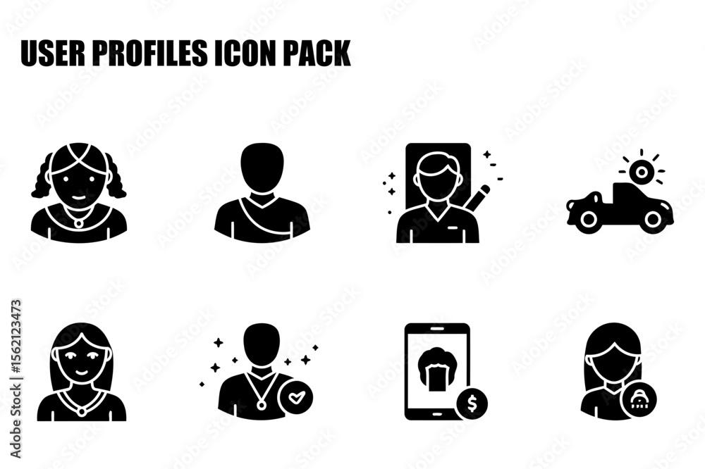 Poster user profile icons for various demographics and professions in different settings.