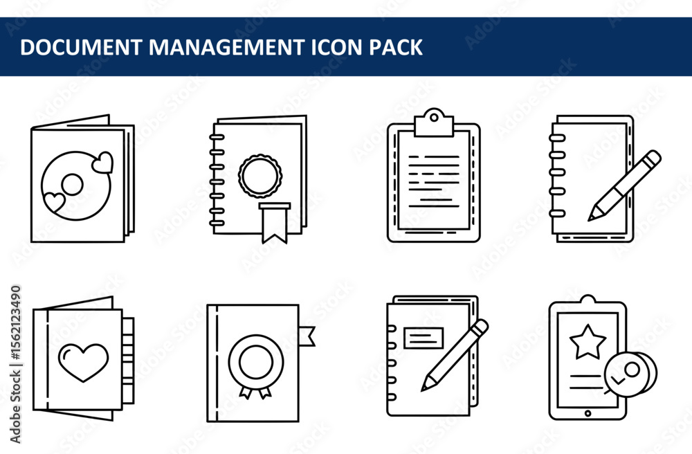 Poster document management icon pack. simple black and white line icons depicting various document manageme