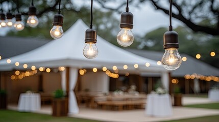 Obraz premium Twinkling lights brighten the outdoor wedding venue, adding romance to the evening celebration and beautifully set tables