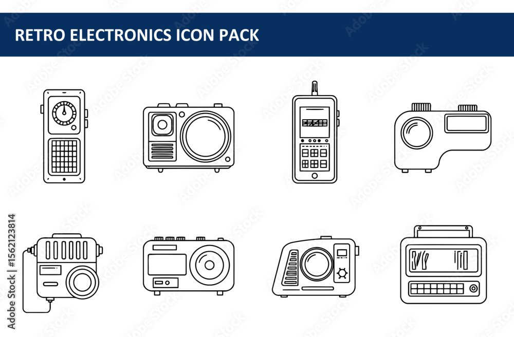 Poster retro electronic devices in outline style. collection of vintage communication and audio devices dis