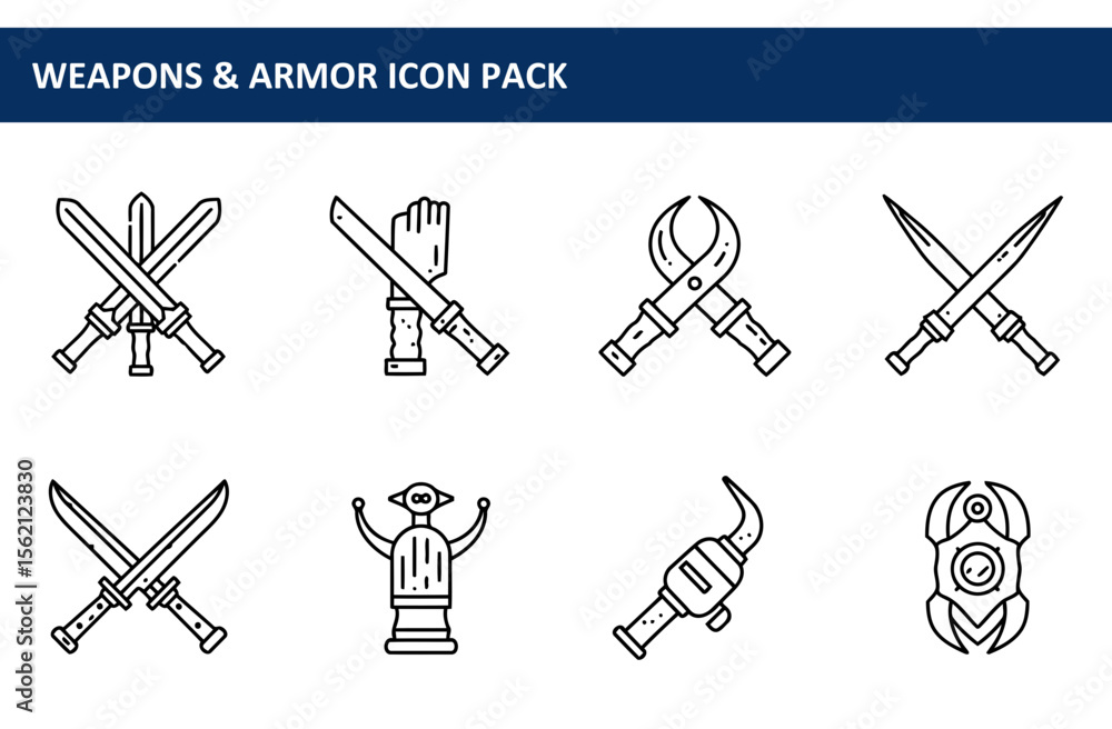 Poster line art illustration of various weapons and armor, displayed in a grid format. abstract weapons and