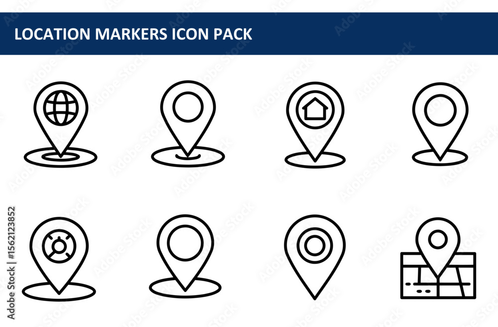 Poster location marker icons in a simple, modern style. set of location markers with various symbols includ