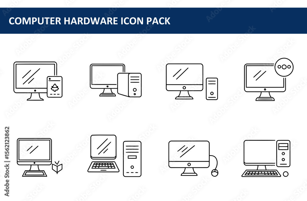 Poster line art illustration of various computer hardware components in a modern style. simple, minimalist 