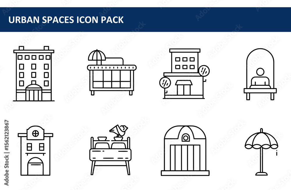 Poster urban spaces outline icons depicting various architectural and outdoor elements. collection of build