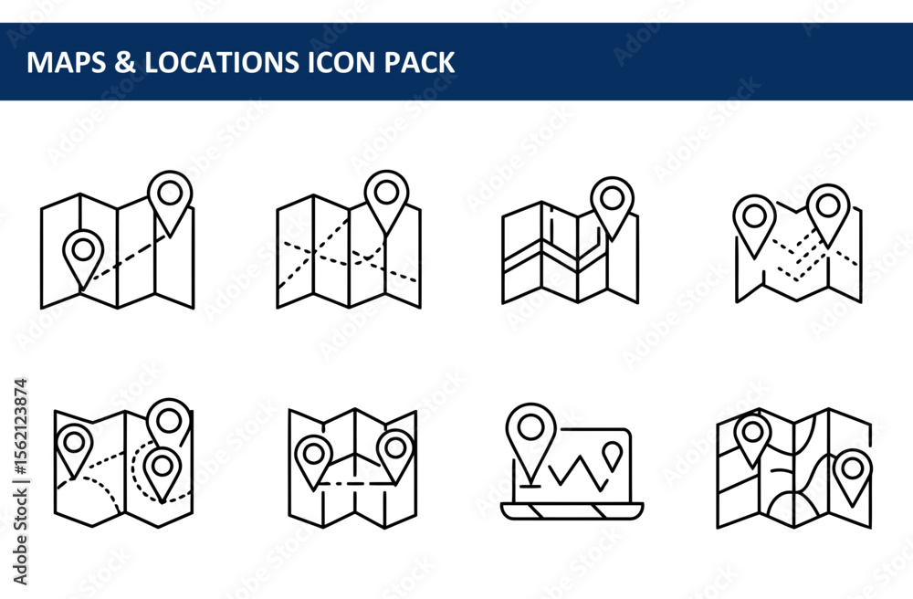 Poster modern map icons with various location pin placements, illustrating different routes and destination