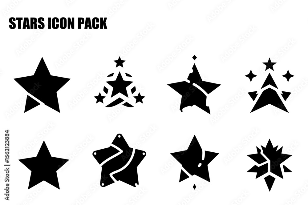 Poster collection of various star icons in different styles for graphic design use. simple, bold black shap