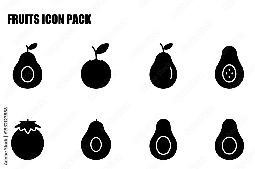 Poster fruit icons in various forms with whole and sliced representation. simple, outlined illustrations of
