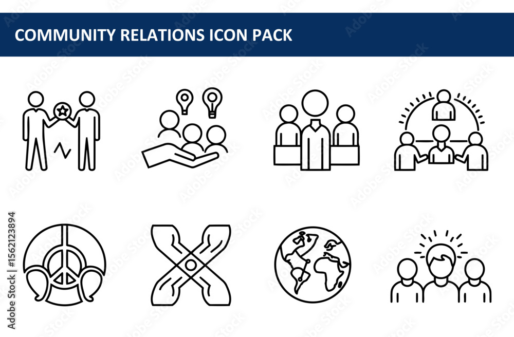 Poster community relations icon pack depicting diverse professional interactions in various settings. colla