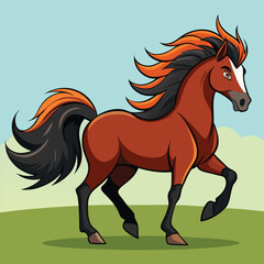 Cartoon Horse Trotting on a Green Field with a Light Blue Sky