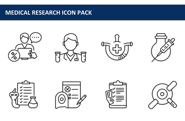 Medical research icon pack depicting various medical professionals and tools in a clinical setting.