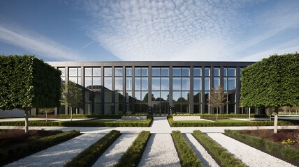 Modern building facade with symmetrical landscaping and cloudy sky