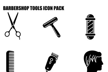Barber shop tools icons with various implements in a professional barber shop setting. Stylized illustrations of hair cutting equipment for use in graphic design or digital media.