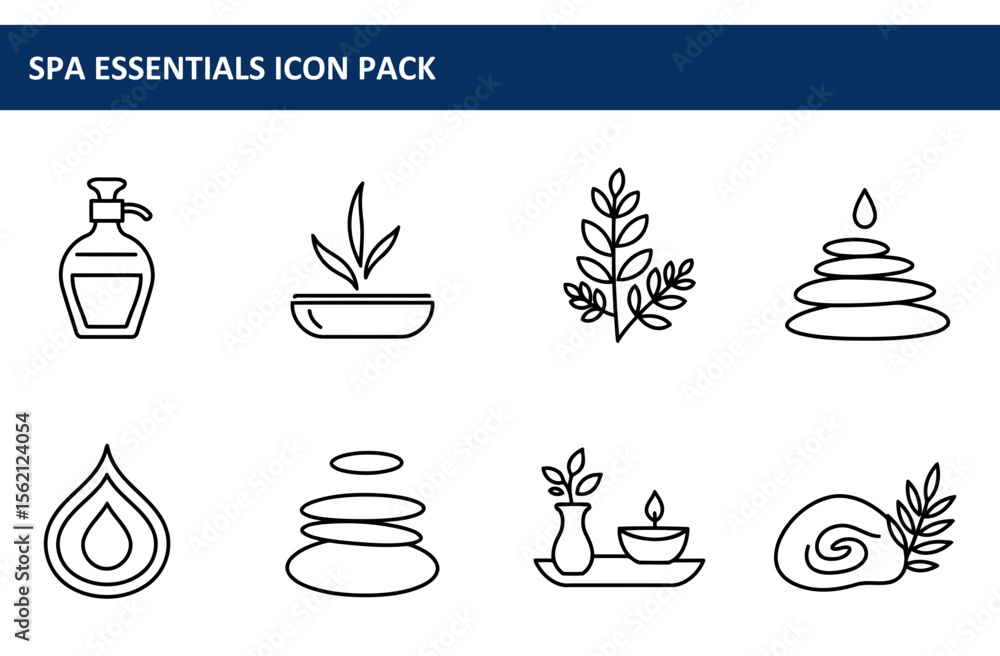 Poster spa essentials icons in a minimalist aesthetic. simple line drawings of spa products and treatments 