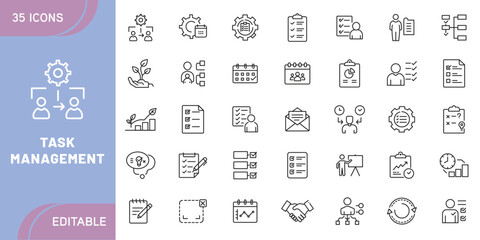 Task Management Icon Set – Productivity, To-Do List, Time Management, Workflow, Planner, Reminder, Calendar, Project Planning, Checklist, and Organization Symbols in Line Style © bonna7173