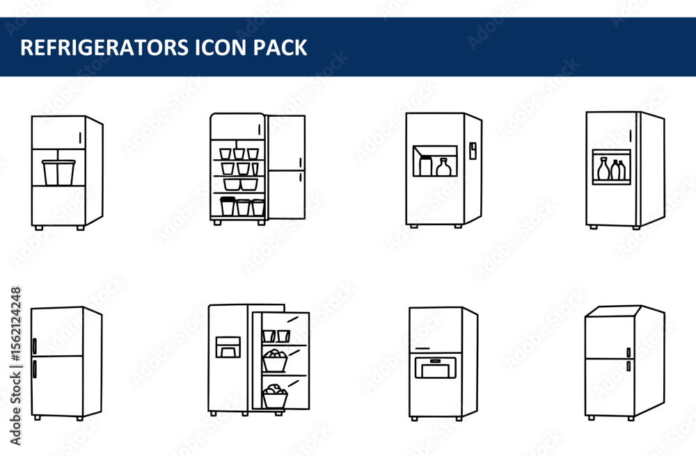 Poster refrigerator icon set with various models in a simple, flat style. line drawings of different refrig