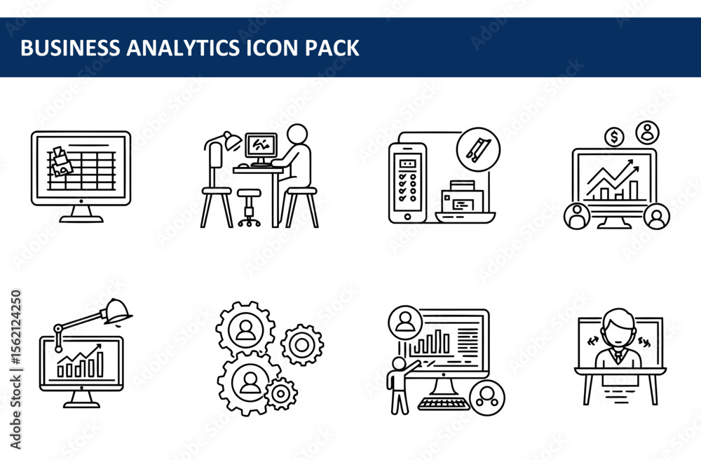 Aufkleber business analytics icon pack depicting various business activities. simple line art of employees wor