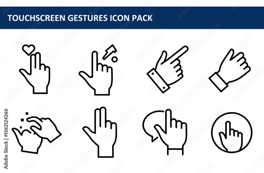 Poster touchscreen gesture icons in a variety of actions. simple, clean line drawing icons for a digital in