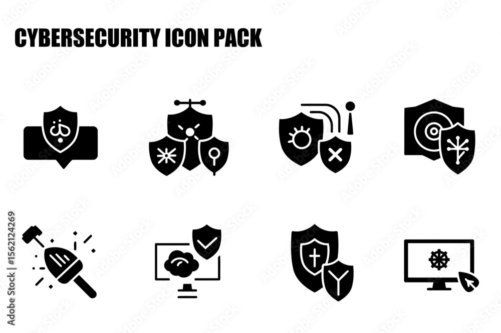 Poster cybersecurity icon pack featuring various protective shields and devices. icons representing differe
