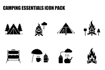 Camping essentials icons, showcasing outdoor activities in a forest/campsite setting. Simple, black and white illustrations depict various camping tools and activities for outdoor adventure.
