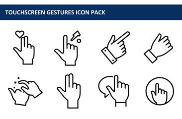 Touchscreen gesture icons in a variety of actions. Simple, clean line drawing icons for a digital interface. Professional design for mobile app or website design. General use.