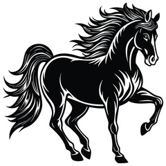 Elegant Black Horse Silhouette with Flowing Mane and Tail on White Background