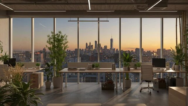 Modern office with city skyline at sunset, serene view