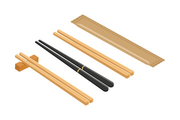 Flat Japanese Chopsticks Set - Left Angled Isometric View Vector Illustration