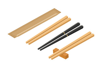Flat Japanese Chopsticks Set - Right Angled Isometric View Vector Illustration