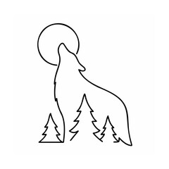 Outline a howling wolf with moon pine trees on vector