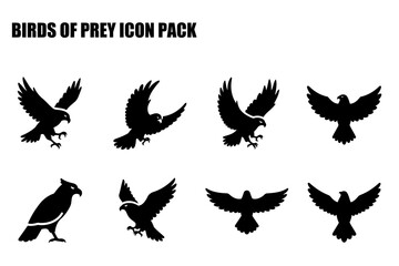 Birds of Prey Icon Pack. Silhouette illustrations of various birds of prey in different flying positions.