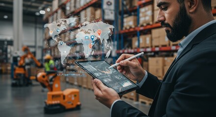 Warehouse manager using tablet with global logistics overlay