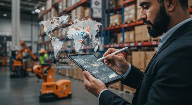 Warehouse manager using tablet with global logistics overlay