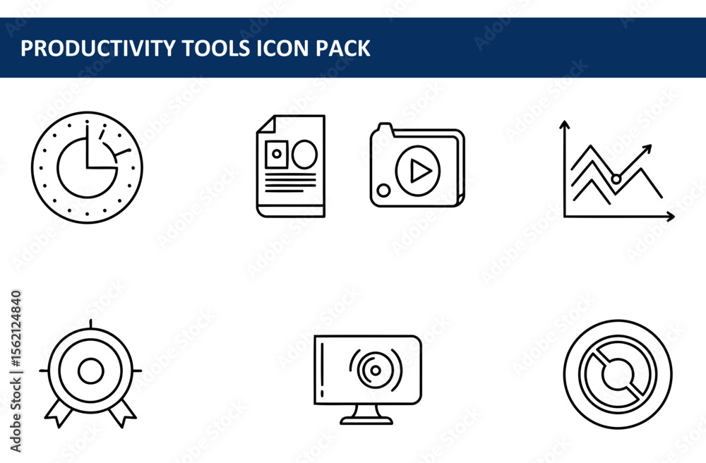 Poster productivity tools icons set displaying various productivity tools in a simple, clean, and modern de