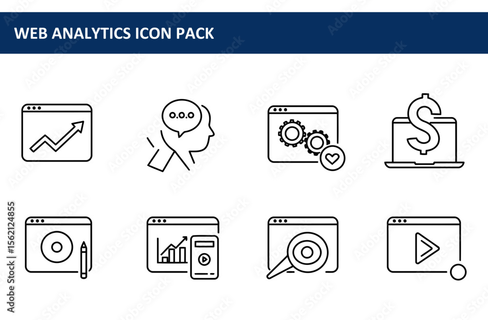 Poster web analytics icon pack showcasing various digital marketing tools. set of simple line icons for web