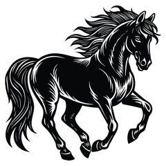 Elegant Black Horse Galloping with Flowing Mane and Tail on White Background