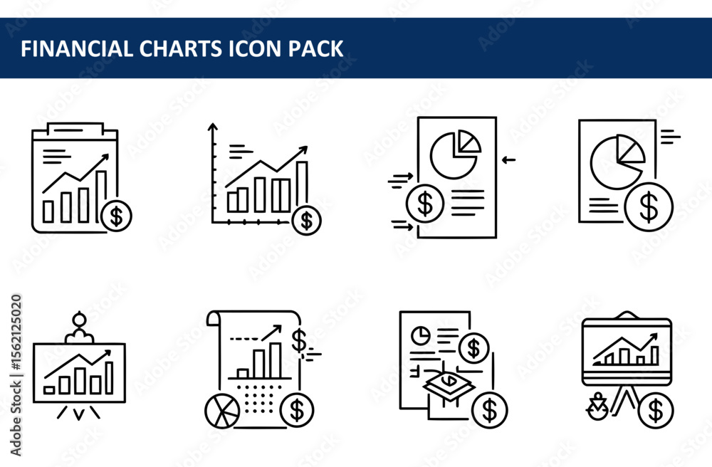 Poster financial charts icon pack showing various financial data presentation methods. set of simple, easil